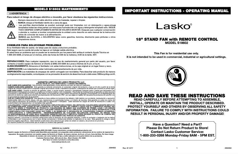Page 1 de la notice Manuel utilisateur Lasko Performance S18602