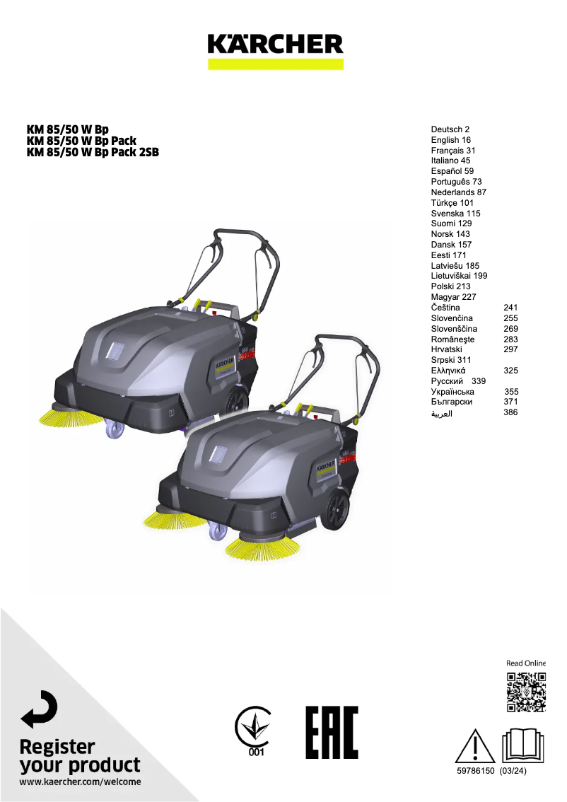 Page 1 de la notice Manuel utilisateur Kärcher KM 85/50 W Bp Pack 2SB