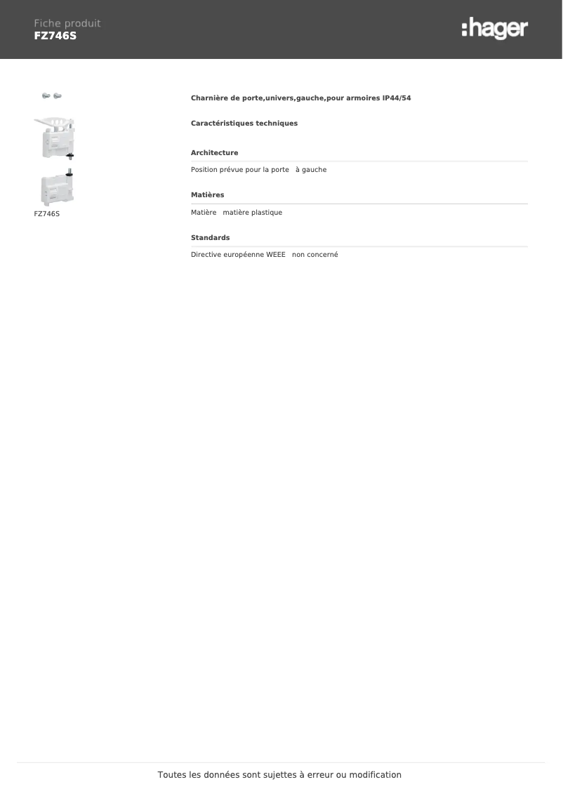 Page 1 de la notice Manuel utilisateur Hager FZ746S