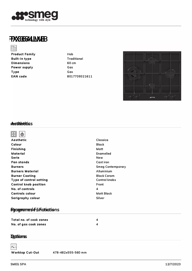Page 1 de la notice Fiche technique Smeg PX364LMB