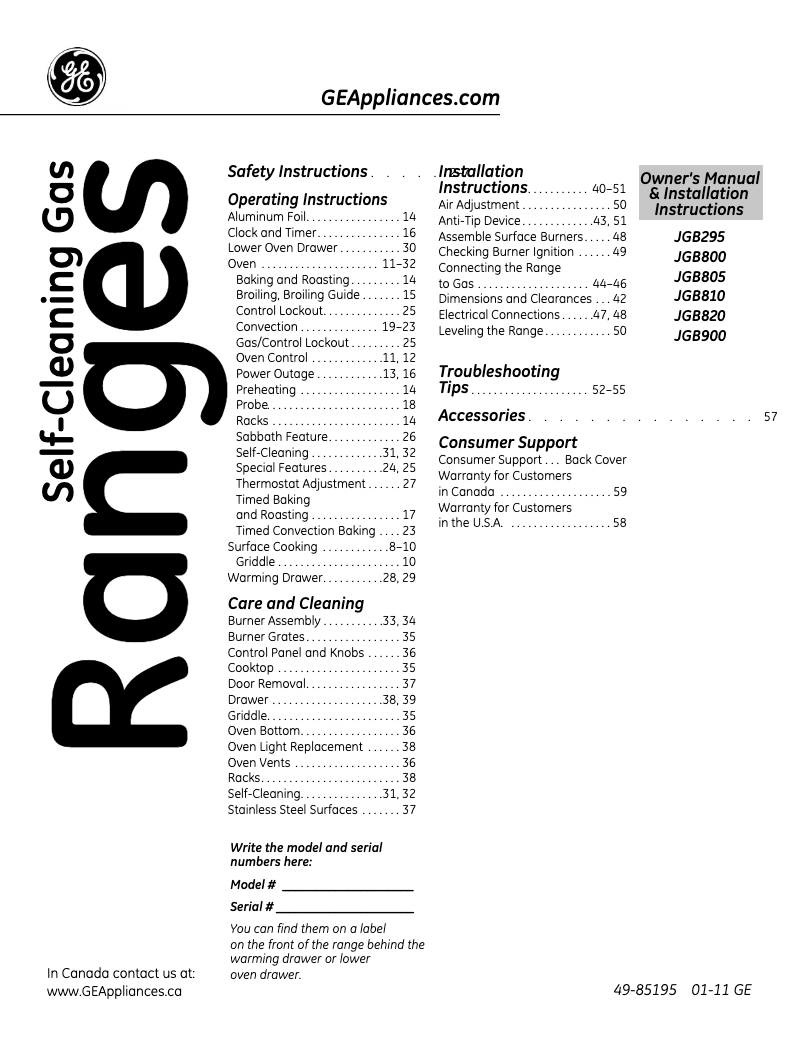 Page 1 de la notice Manuel utilisateur Adora JGB805DEPWW