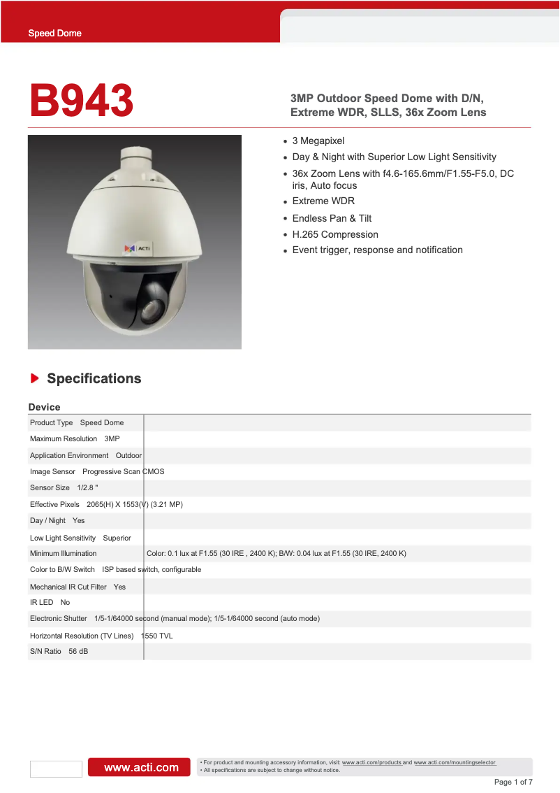 Page n°1 - Fiche technique ACTi B943