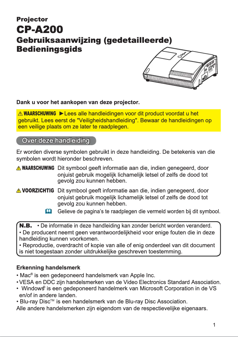 Page n°1 - Manuel utilisateur Hitachi CP-A200GF