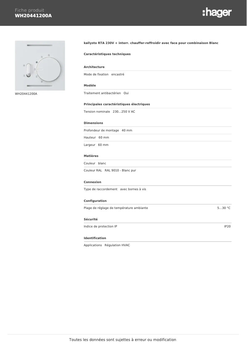 Página 1 del manual Ficha técnica Hager WH20441200A