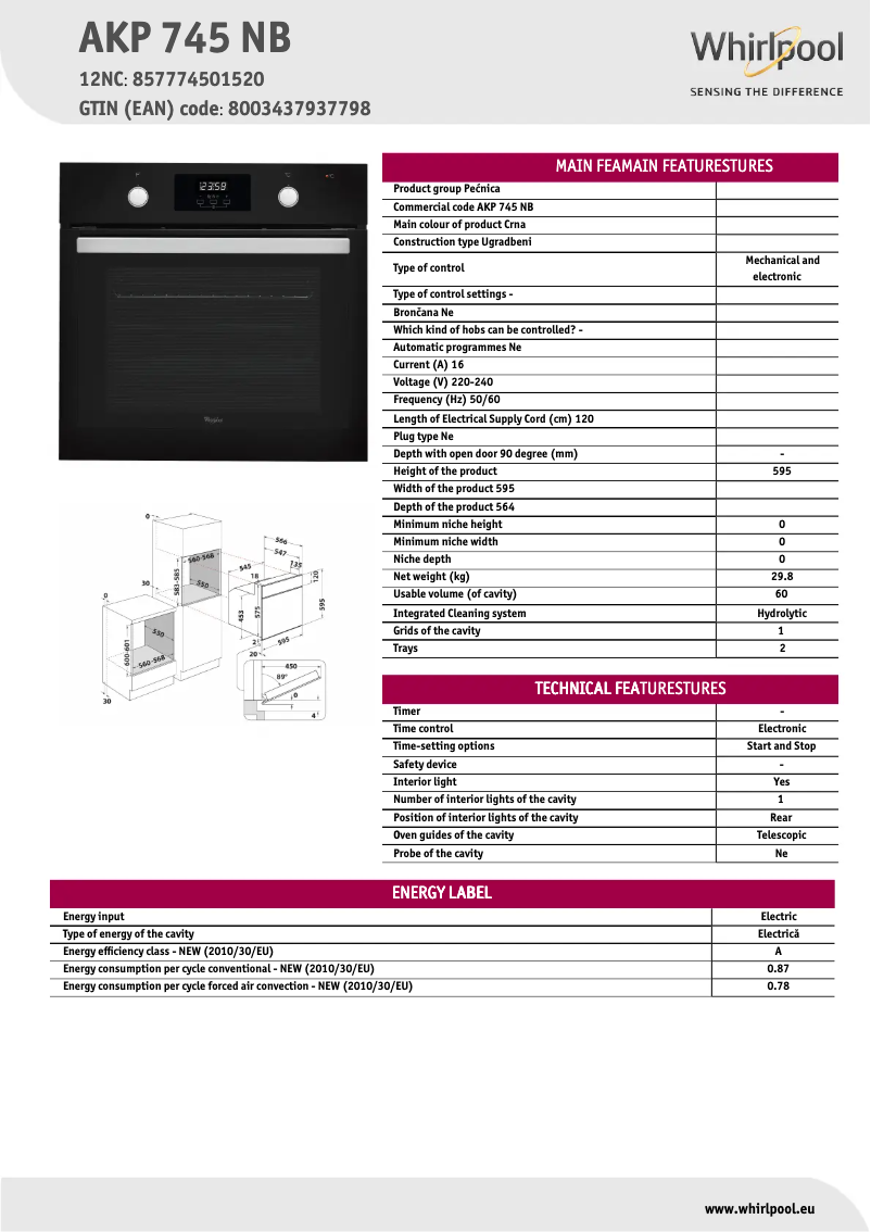 Page 1 de la notice Fiche technique Whirlpool AKP 745 NB