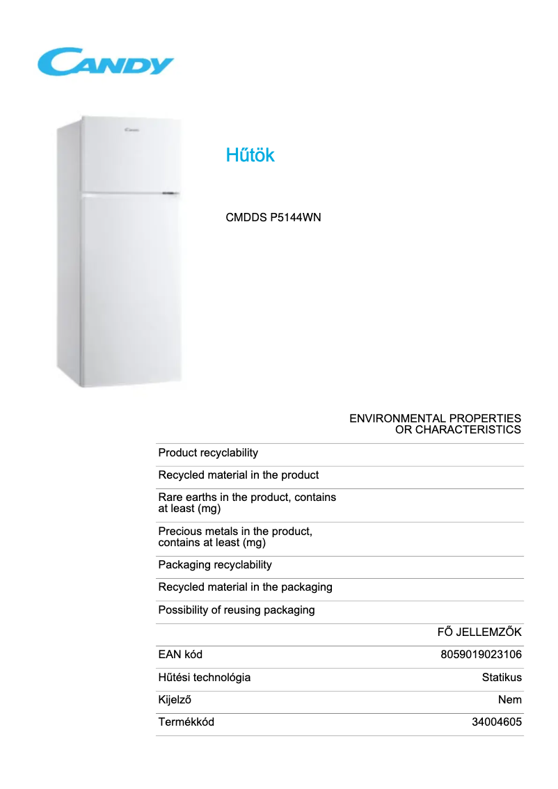 Page 1 de la notice Fiche technique Candy CMDDS P5144WN