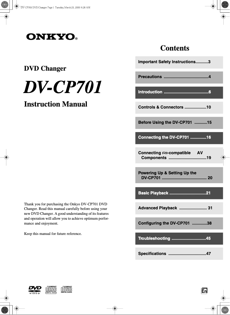Page 1 de la notice Manuel utilisateur Onkyo DV-CP701