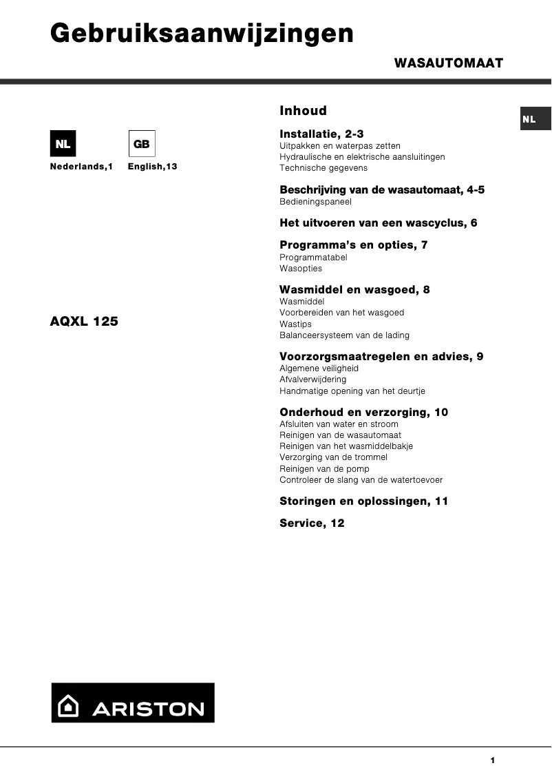 Page 1 de la notice Manuel utilisateur Ariston Thermo AQXL 125