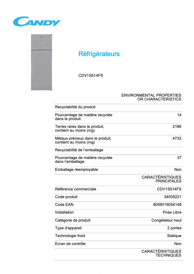 Page 1 de la notice Fiche technique Candy CDV1S514FS