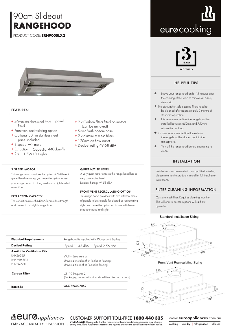 Page 1 de la notice Fiche technique Euro Appliances ERH900SLX2