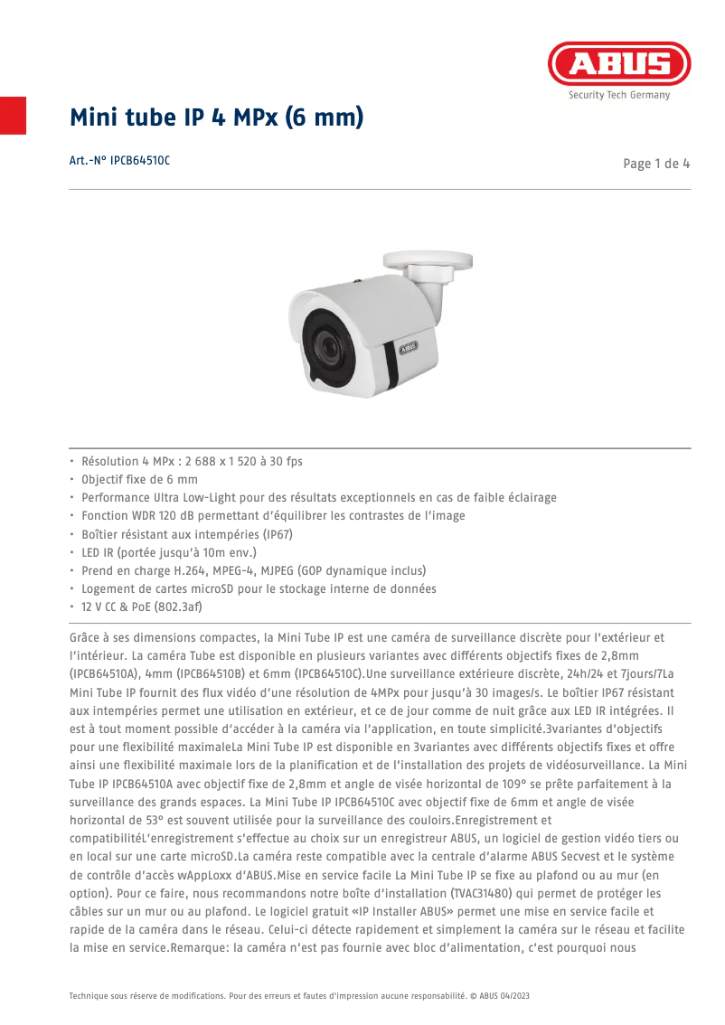 Page n°1 - Fiche technique Abus IPCB64510C