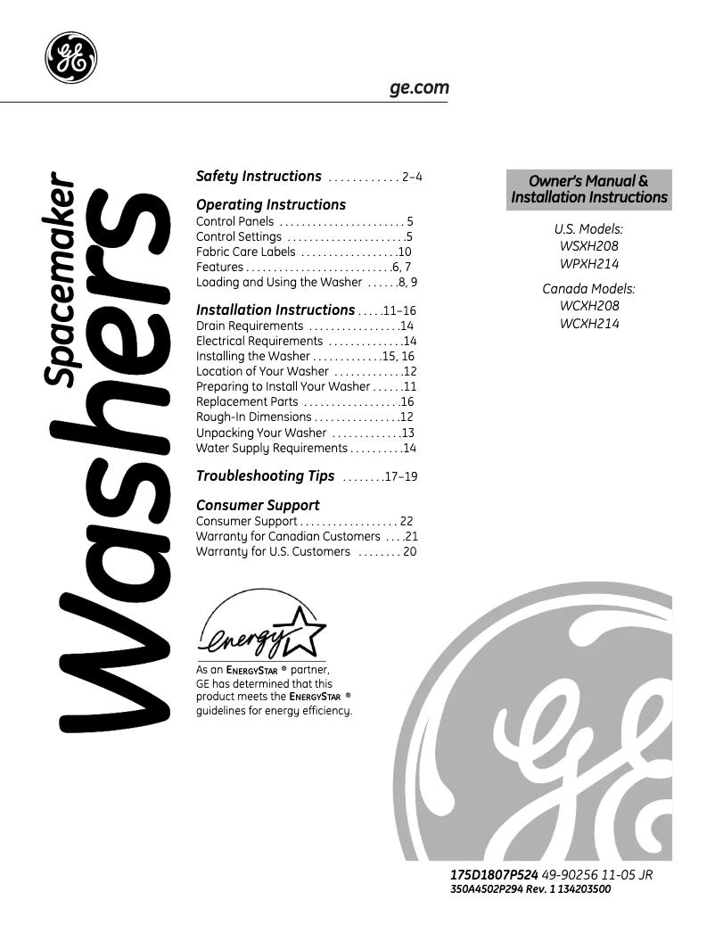 Page 1 de la notice Manuel utilisateur GE WCXH214HWW