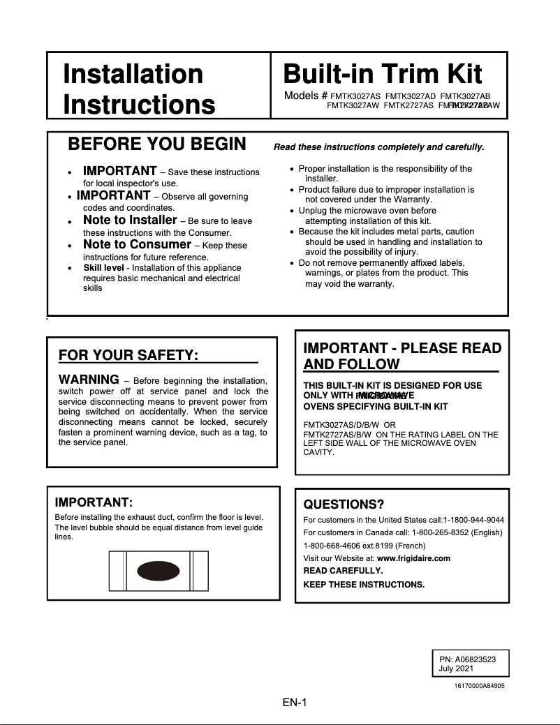 Page n°1 - Manuel utilisateur Frigidaire FMTK3027AW