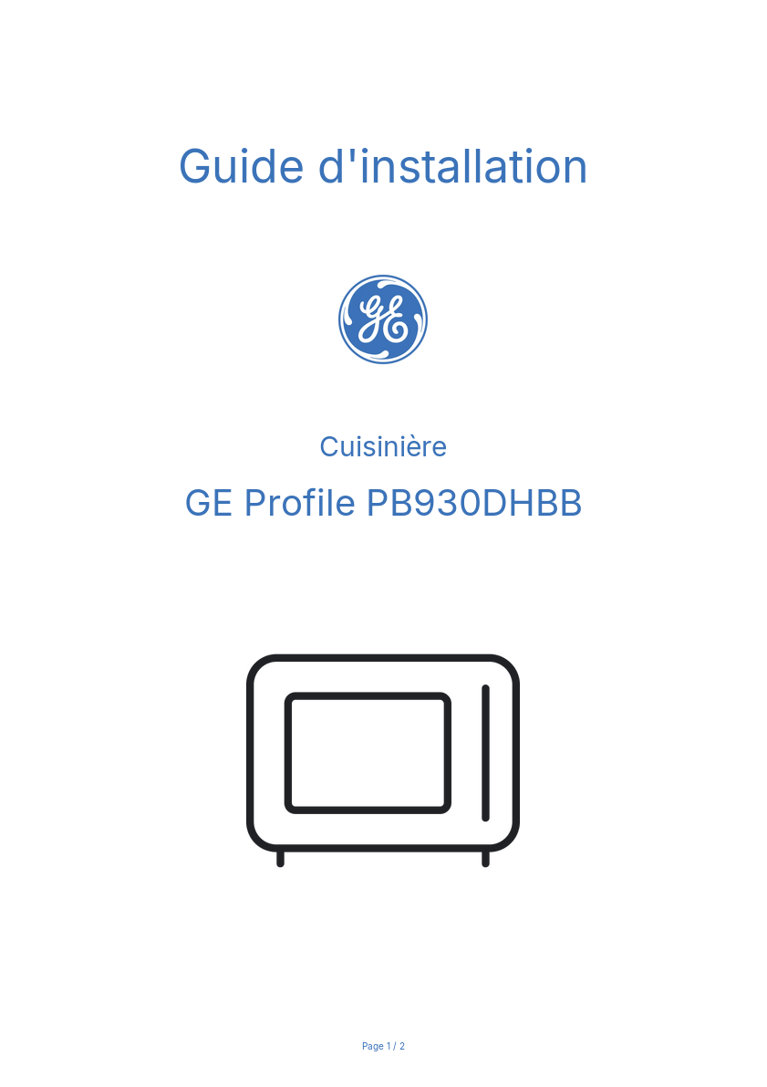 Page n°1 - Guide d'installation GE Profile PB930DHBB