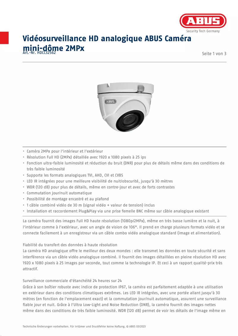 Page n°1 - Fiche technique Abus HDCC32562