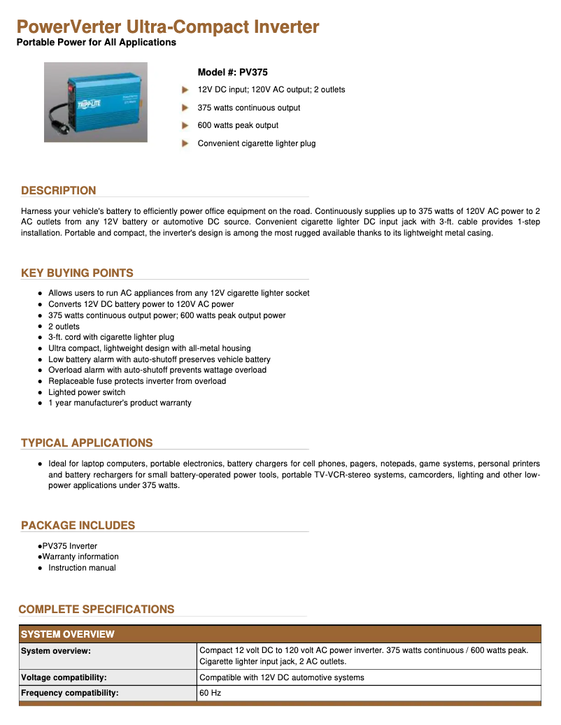 Página 1 del manual Ficha técnica Tripp Lite PowerVerter PV375USB