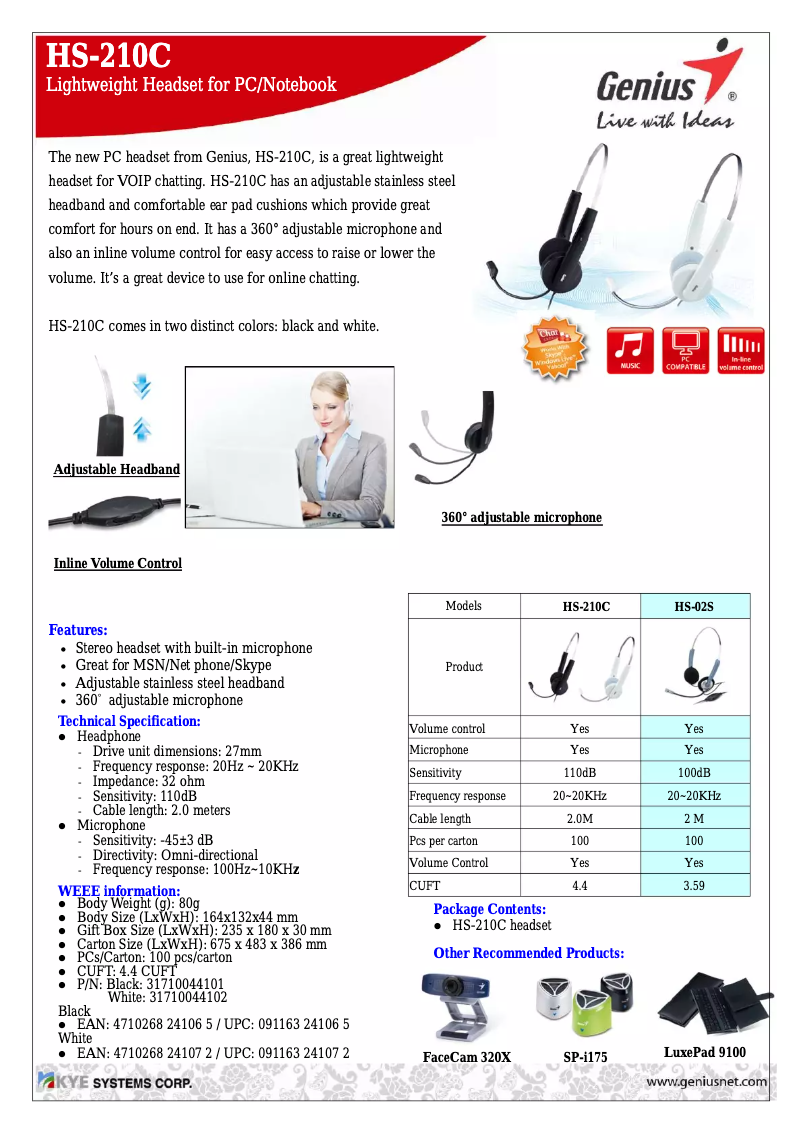 Page n°1 - Manuel utilisateur Genius HS-210C