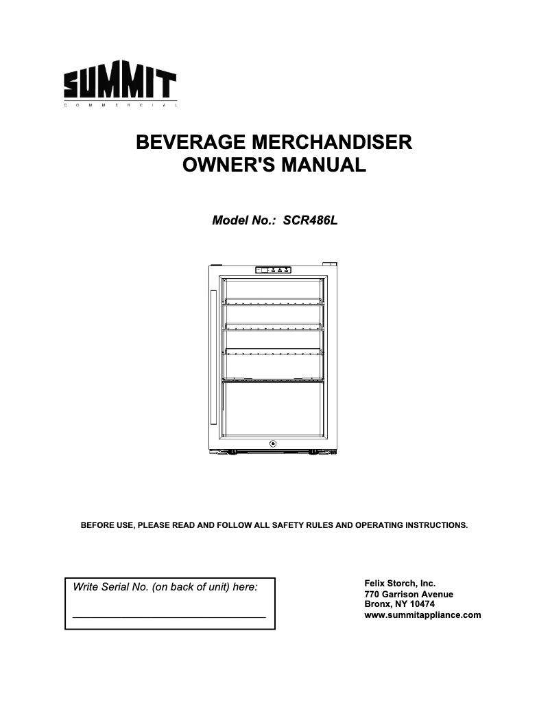 Image de la première page du manuel de l'appareil Commercial SCR486L