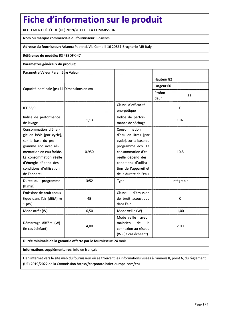Page n°1 - Fiche technique Rosieres RS 4E3DFX-47