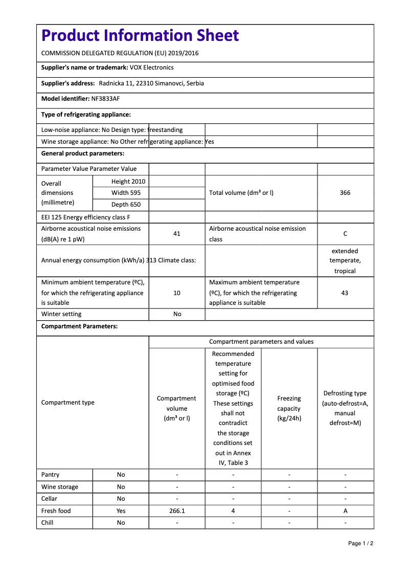 Page 1 de la notice Fiche technique VOX NF 3833 AF