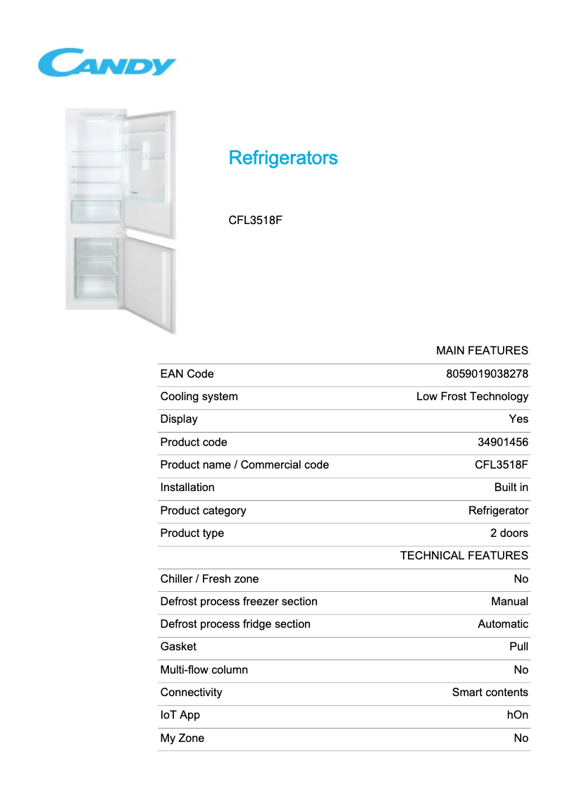 Page 1 de la notice Fiche technique Candy CFL3518F
