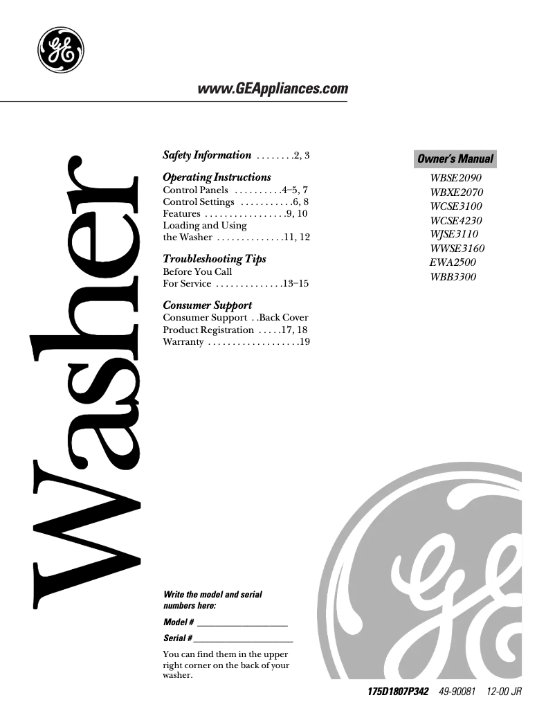Page 1 of the manual User Manual GE WCSE4230