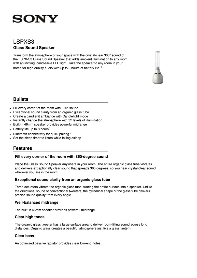 Page 1 de la notice Fiche technique Sony LSPX-S3