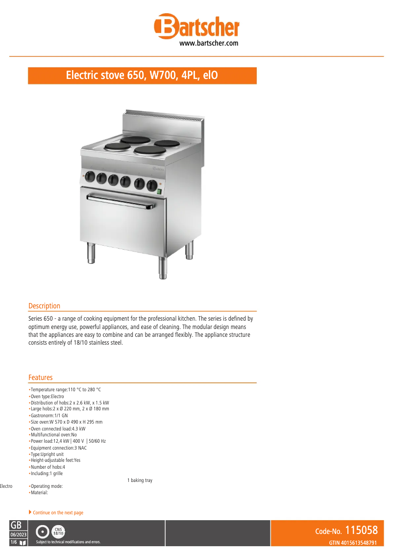 Page n°1 - Fiche technique Bartscher Serie 650 Snack