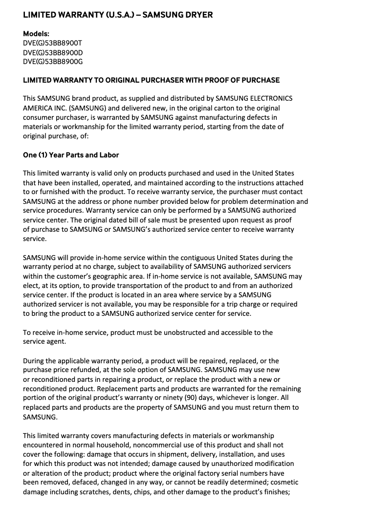 Page 1 de la notice Informations de garantie Samsung DVE53BB8900G