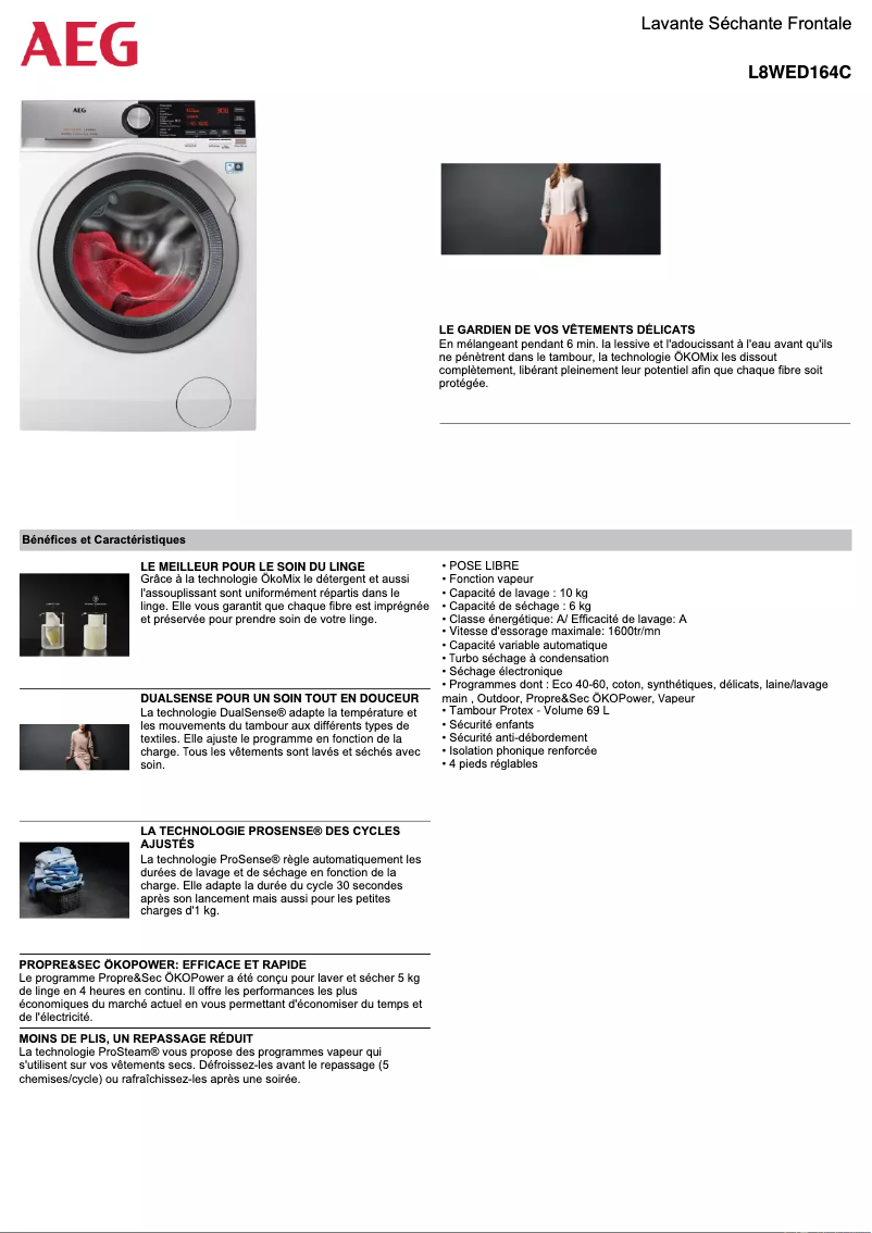 Página 1 del manual Ficha técnica AEG L8WED164C