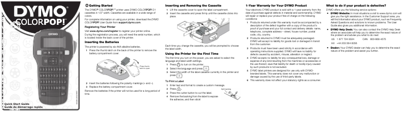 Page 1 de la notice Guide de démarrage rapide Dymo ColorPop