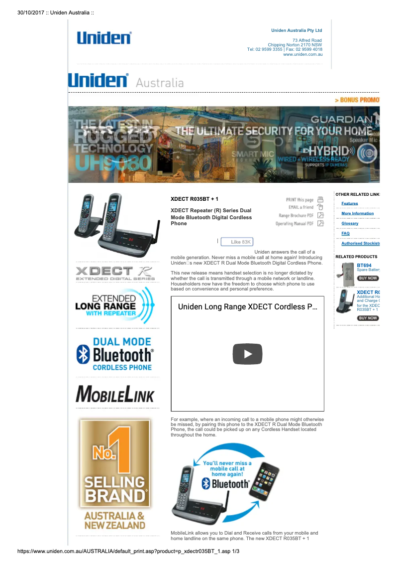 Page 1 de la notice Manuel utilisateur Uniden XDECT R035BT