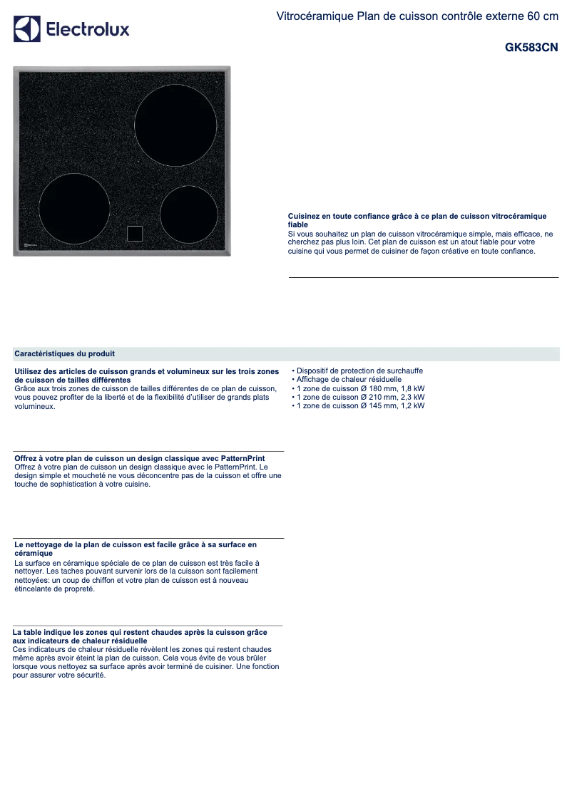 Page 1 de la notice Fiche technique Electrolux GK583CN