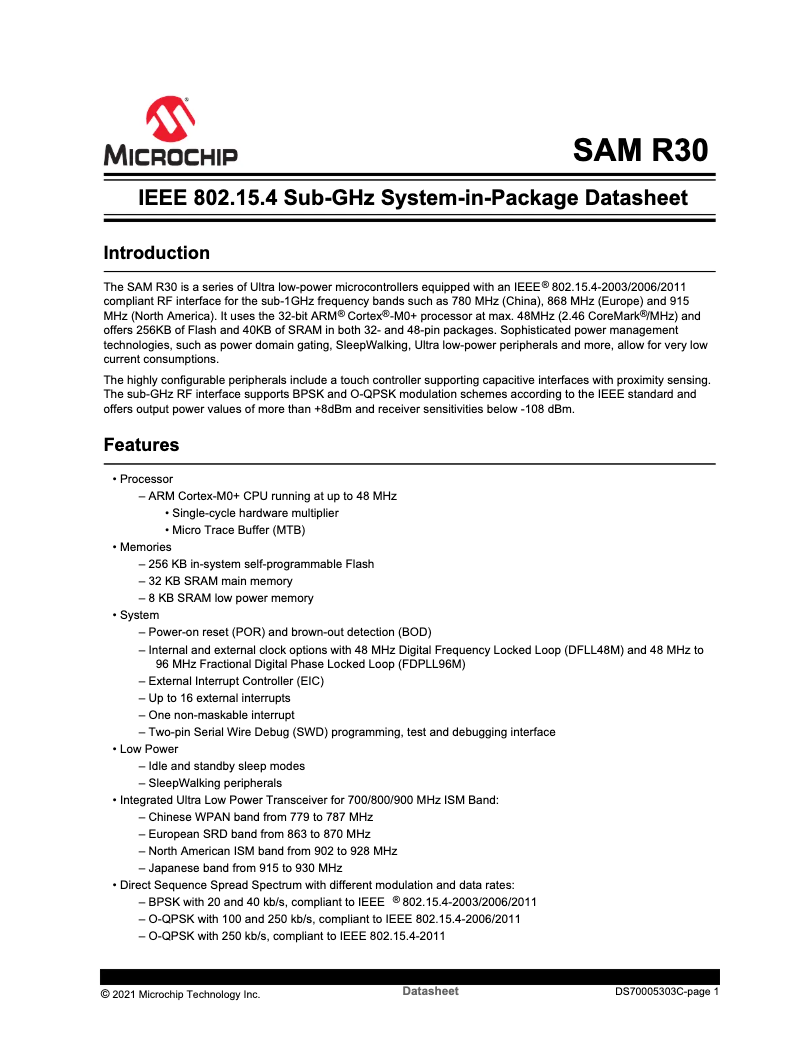 Page 1 de la notice Fiche technique Microchip ATSAMR30G18A