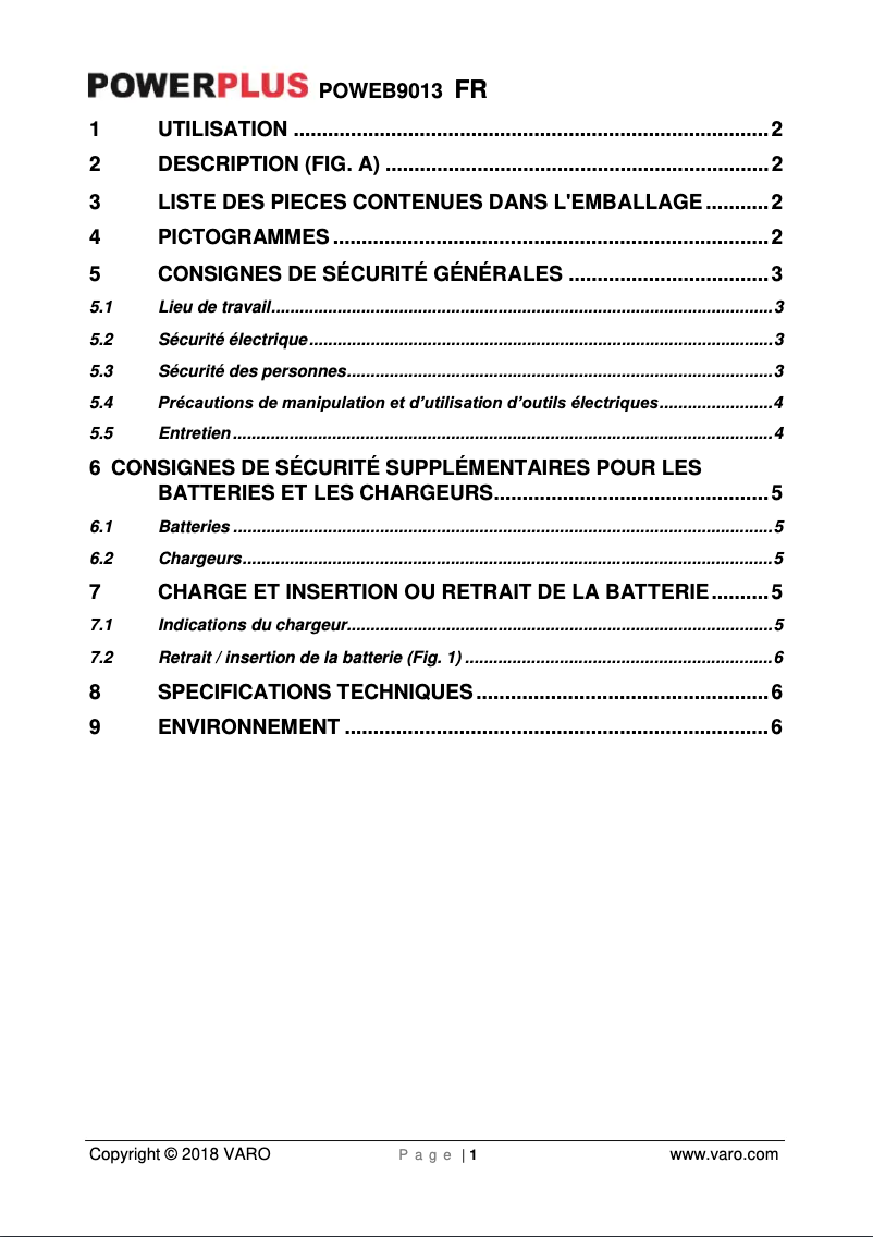 Page 1 de la notice Manuel utilisateur PowerPlus POWEB9013