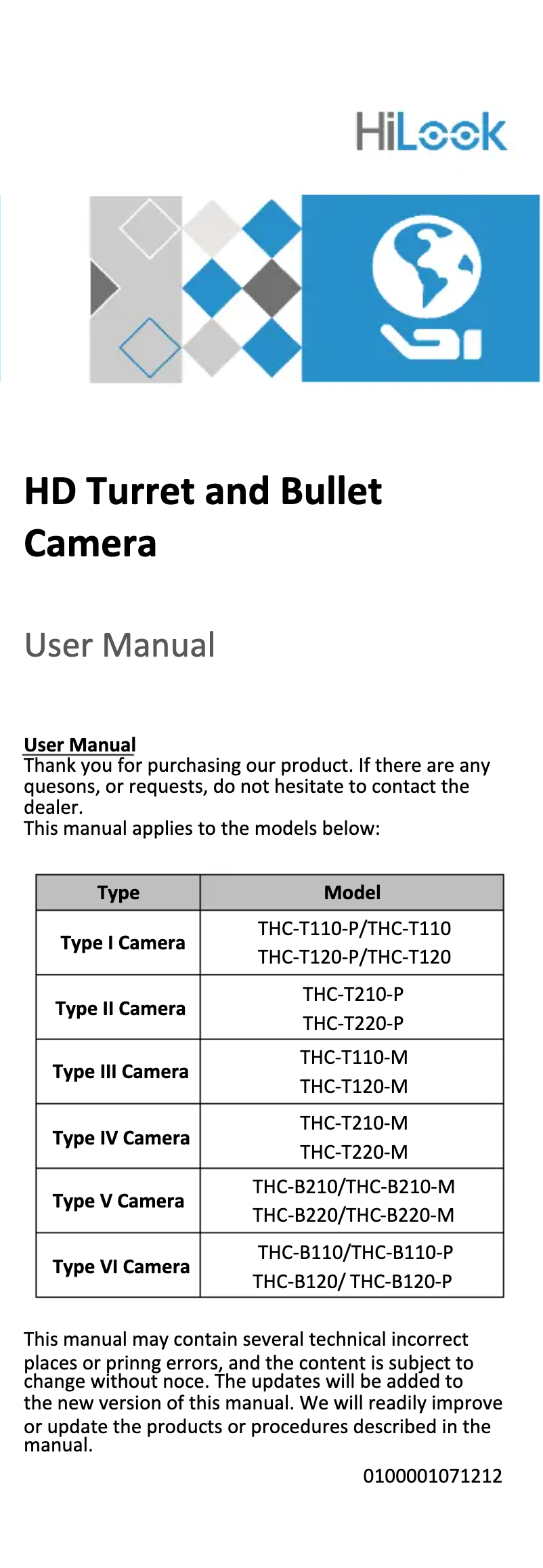 Page 1 de la notice Manuel utilisateur Hikvision THC-T110-M(2.8MM)