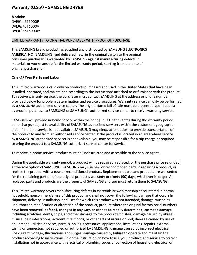 Page 1 de la notice Informations de garantie Samsung DVG45T6000V