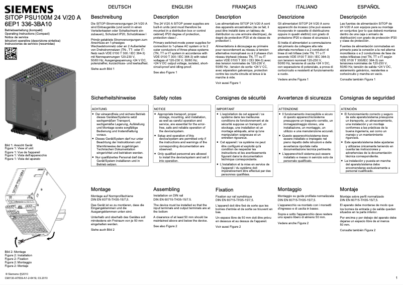 Page 1 de la notice Manuel utilisateur Siemens SITOP PSU100M