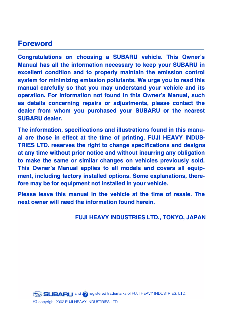 Page 1 de la notice Manuel utilisateur Subaru Baja (2003)