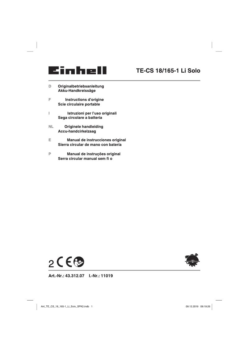 Page n°1 - Manuel utilisateur Einhell TE-CS 18/165-1 Li