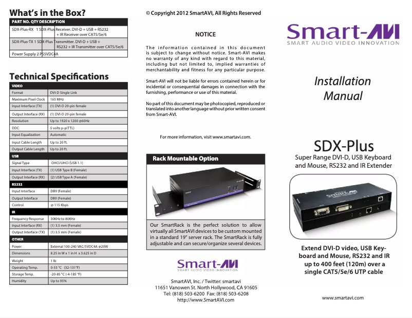 Page 1 de la notice Manuel utilisateur Smart-AVI SDX-Plus-S