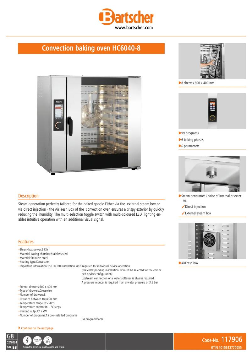 Página 1 del manual Ficha técnica Bartscher HC6040-8