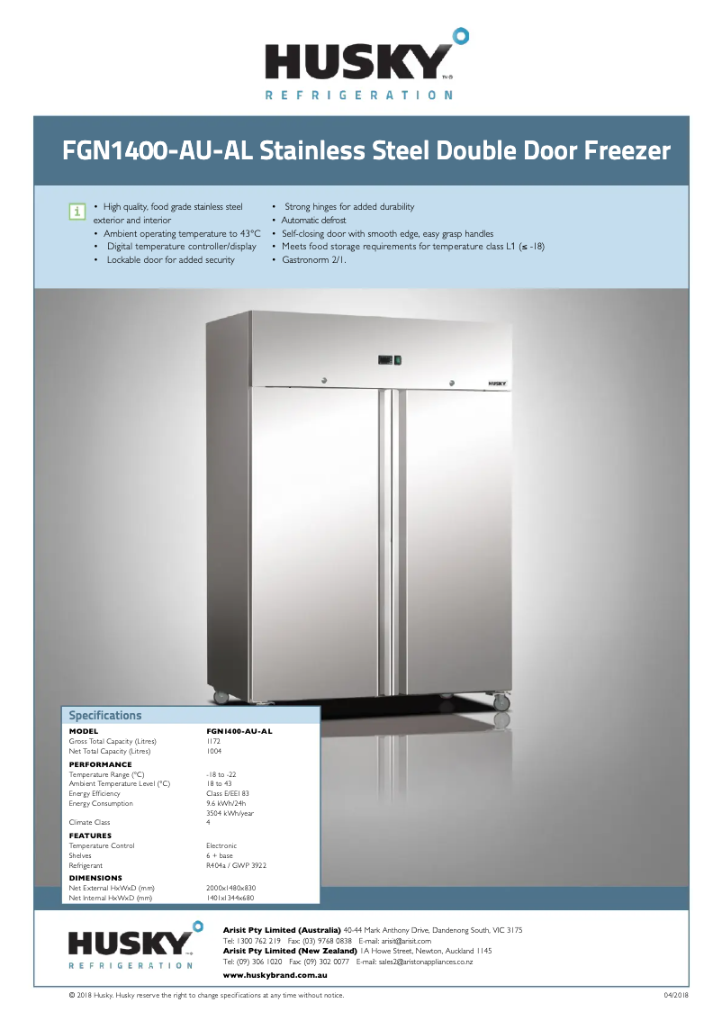 Page 1 of the manual Technical Sheet Husky FGN1400-AU-AL