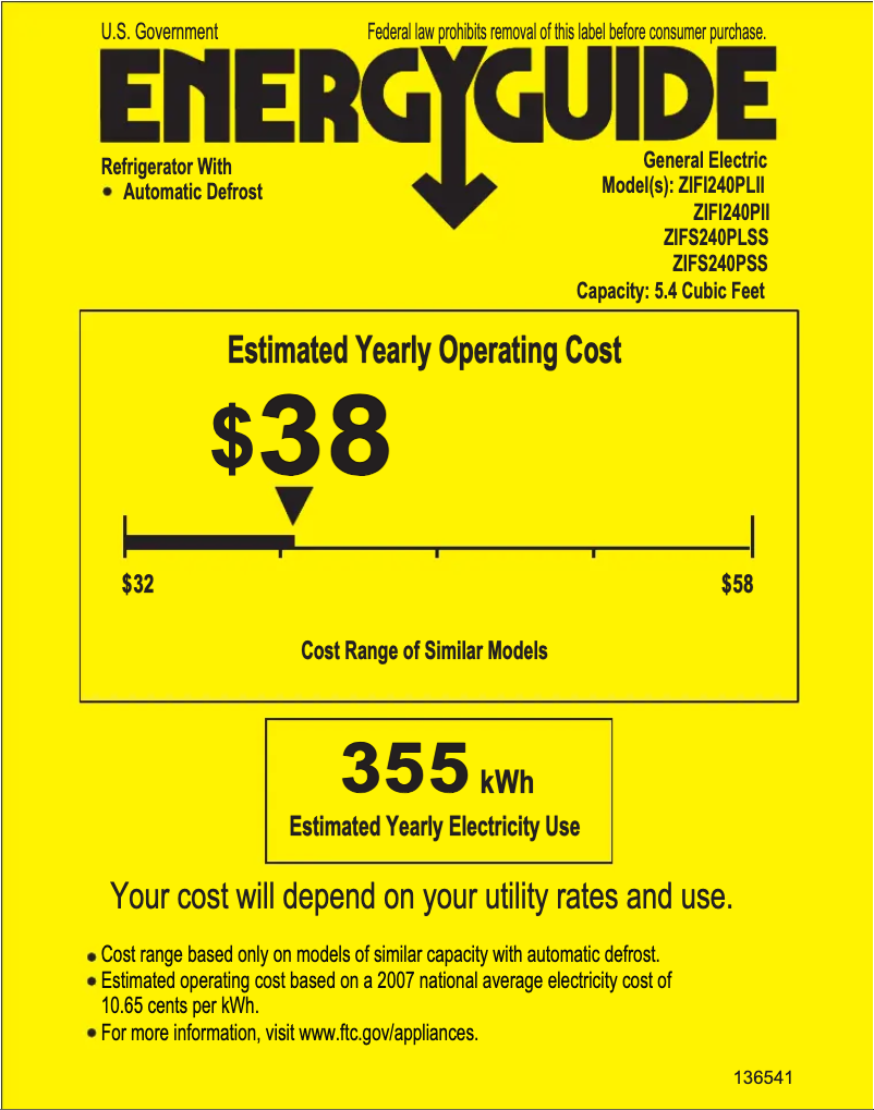 Page 1 de la notice Label énergétique GE ZIFS240PSS