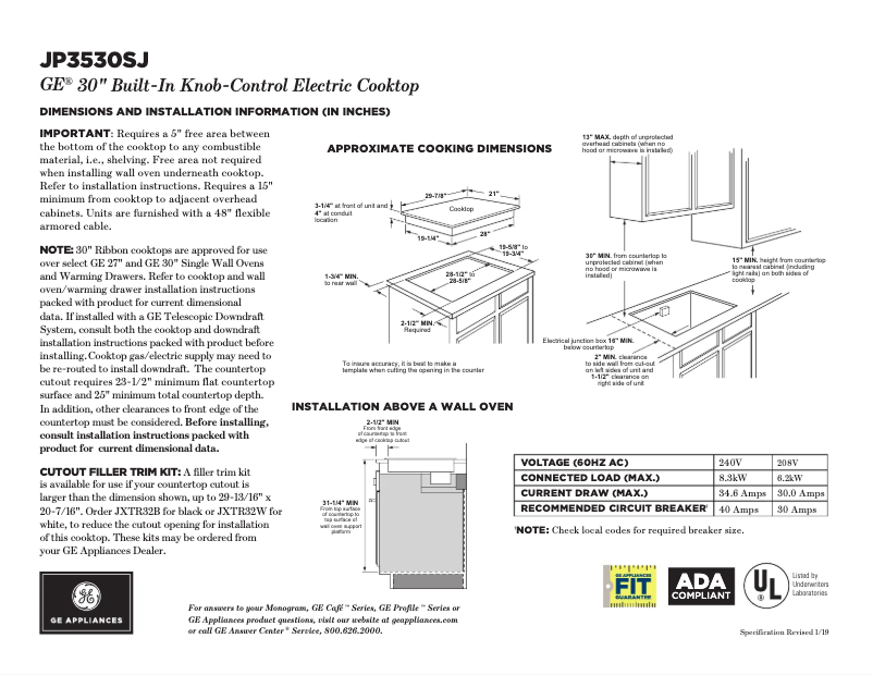 Page 1 de la notice Fiche technique GE JP3530SJSS