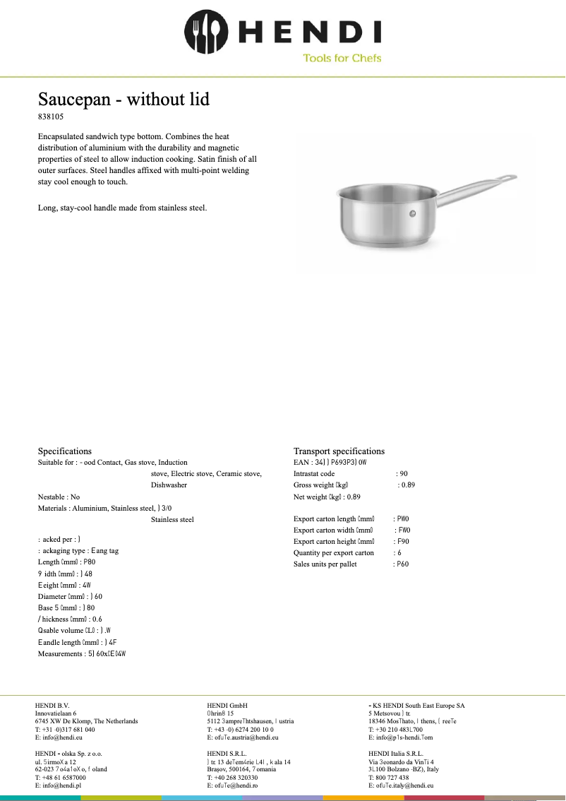 Page 1 de la notice Fiche technique Hendi 838105