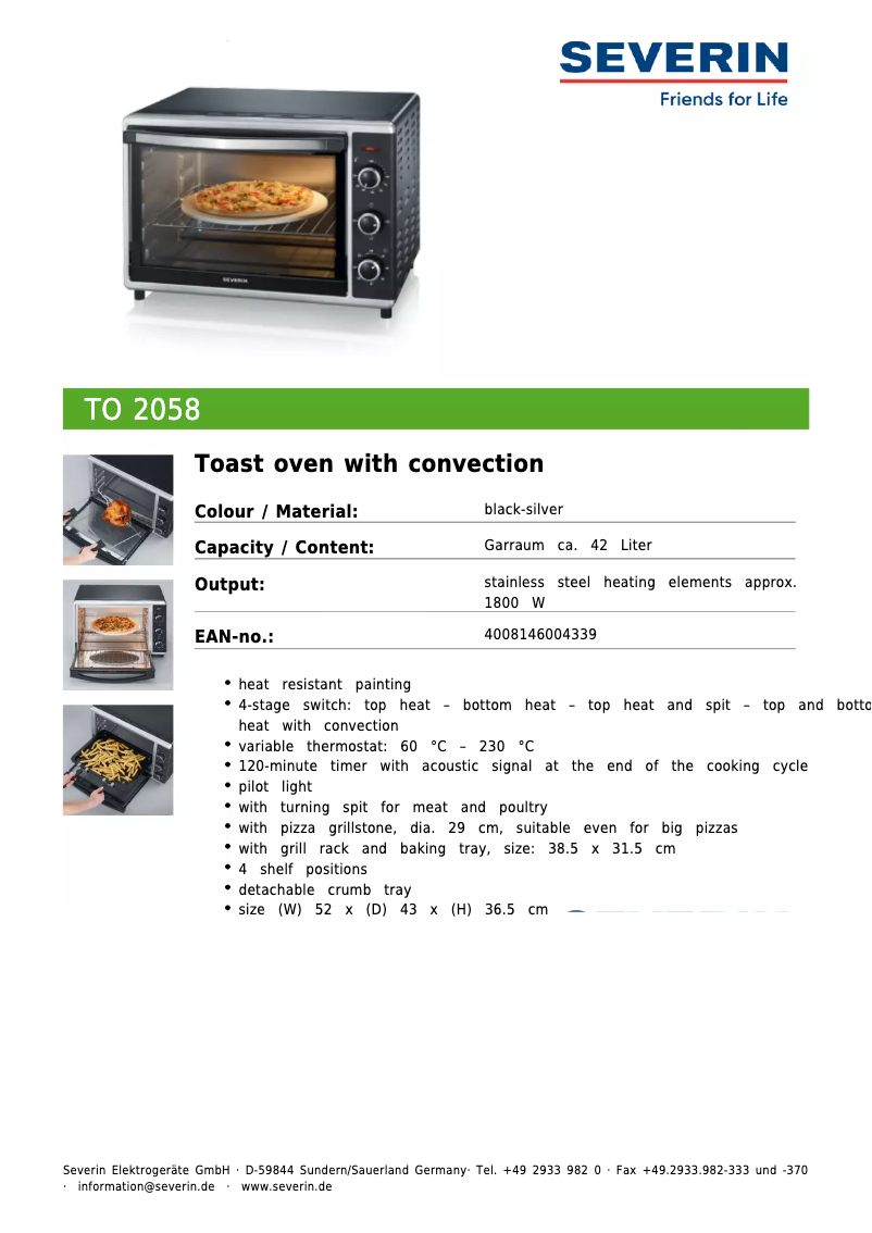 Page 1 de la notice Fiche technique Severin TO 2058