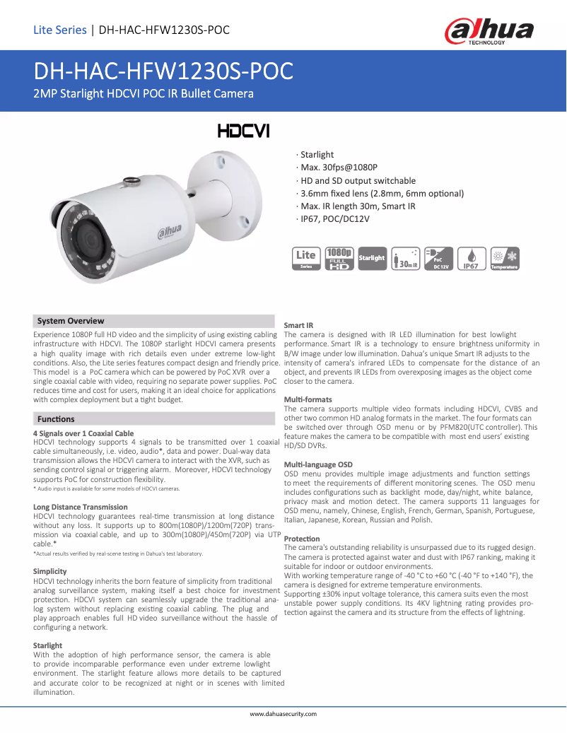 Page 1 de la notice Fiche technique Dahua Technology HAC-HFW1230S-POC