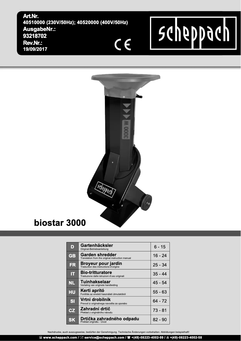 Page 1 de la notice Manuel utilisateur Scheppach Biostar 3000