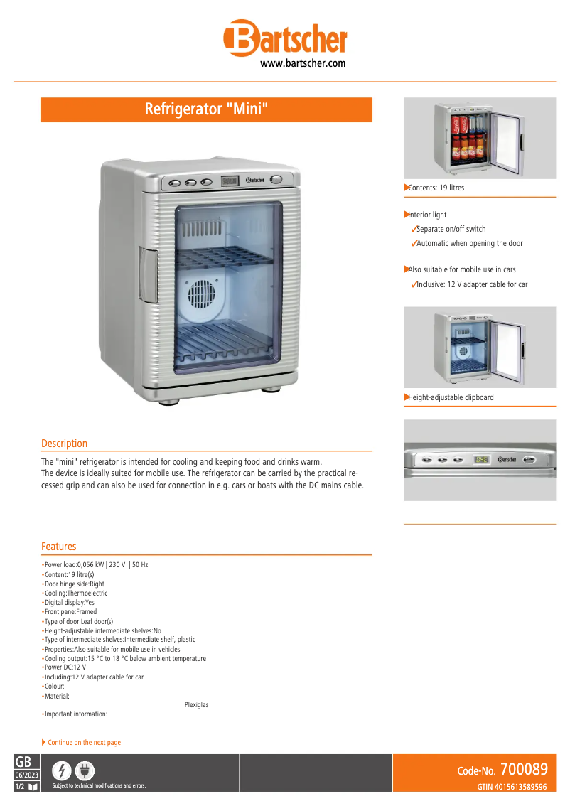 Page 1 de la notice Fiche technique Bartscher 700089